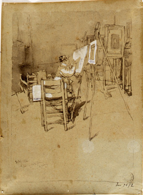 Serra Luigi-Pittrice nello studio davanti ad un cavalletto, nell'atto di disegnare, volta di profilo verso destra